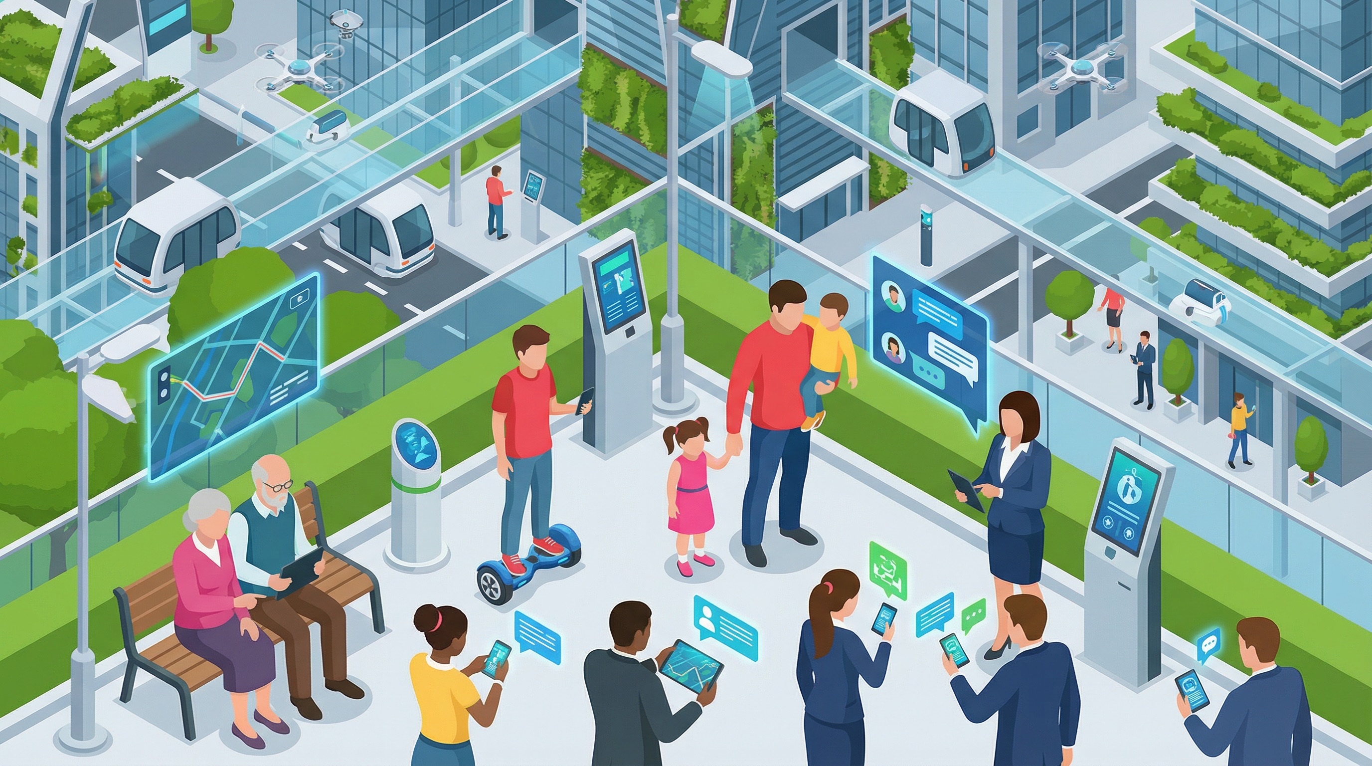 Trasformazione digitale dei territori - Illustrazione di comunità che interagisce con servizi digitali, mappe intelligenti, chatbot assistenti e dashboard analytics in ambiente urbano sostenibile