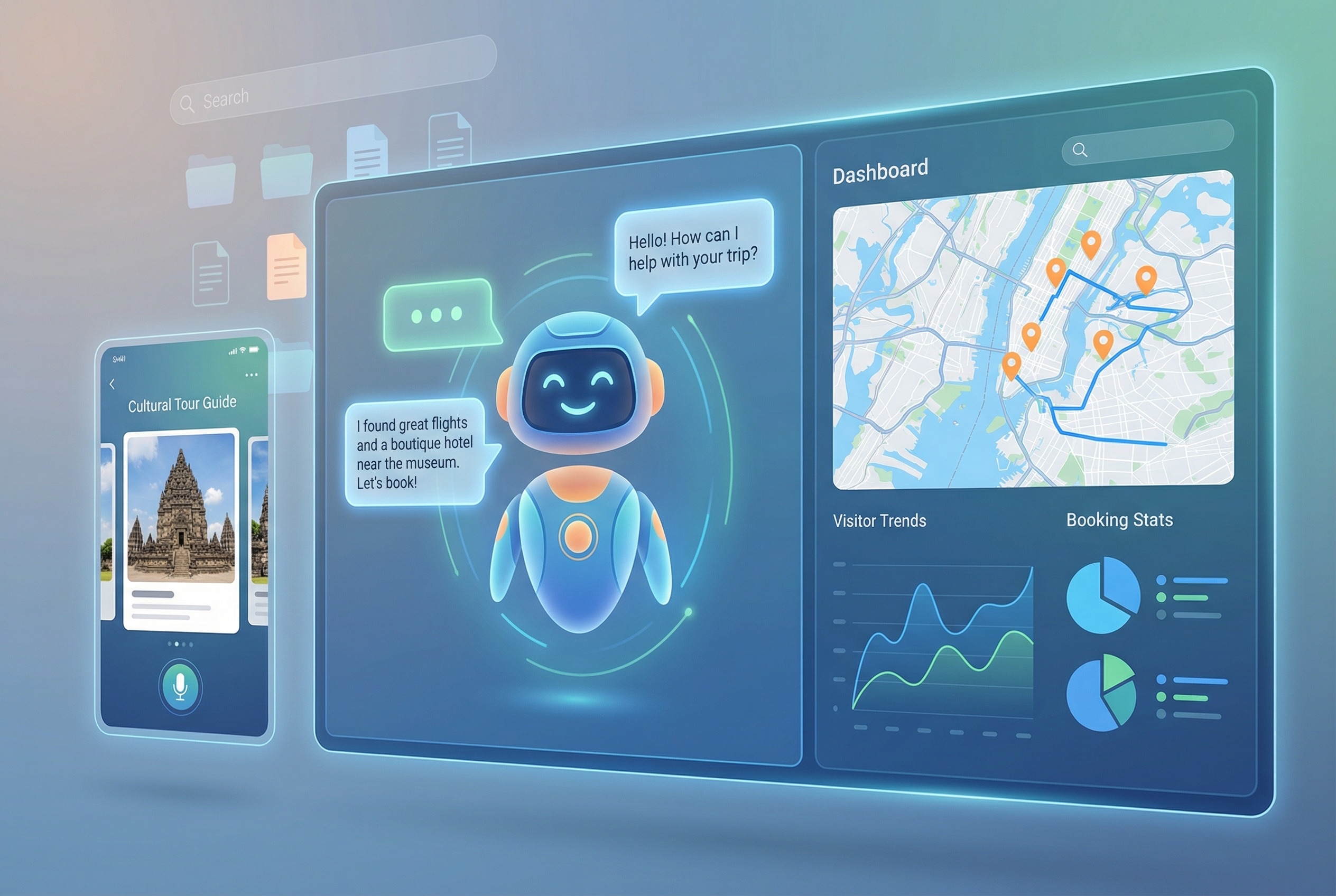 Esempio di servizi ESG Solutions - Collage di interfacce: chatbot turistico, dashboard analytics, app mobile per beni culturali e sistema di gestione documenti