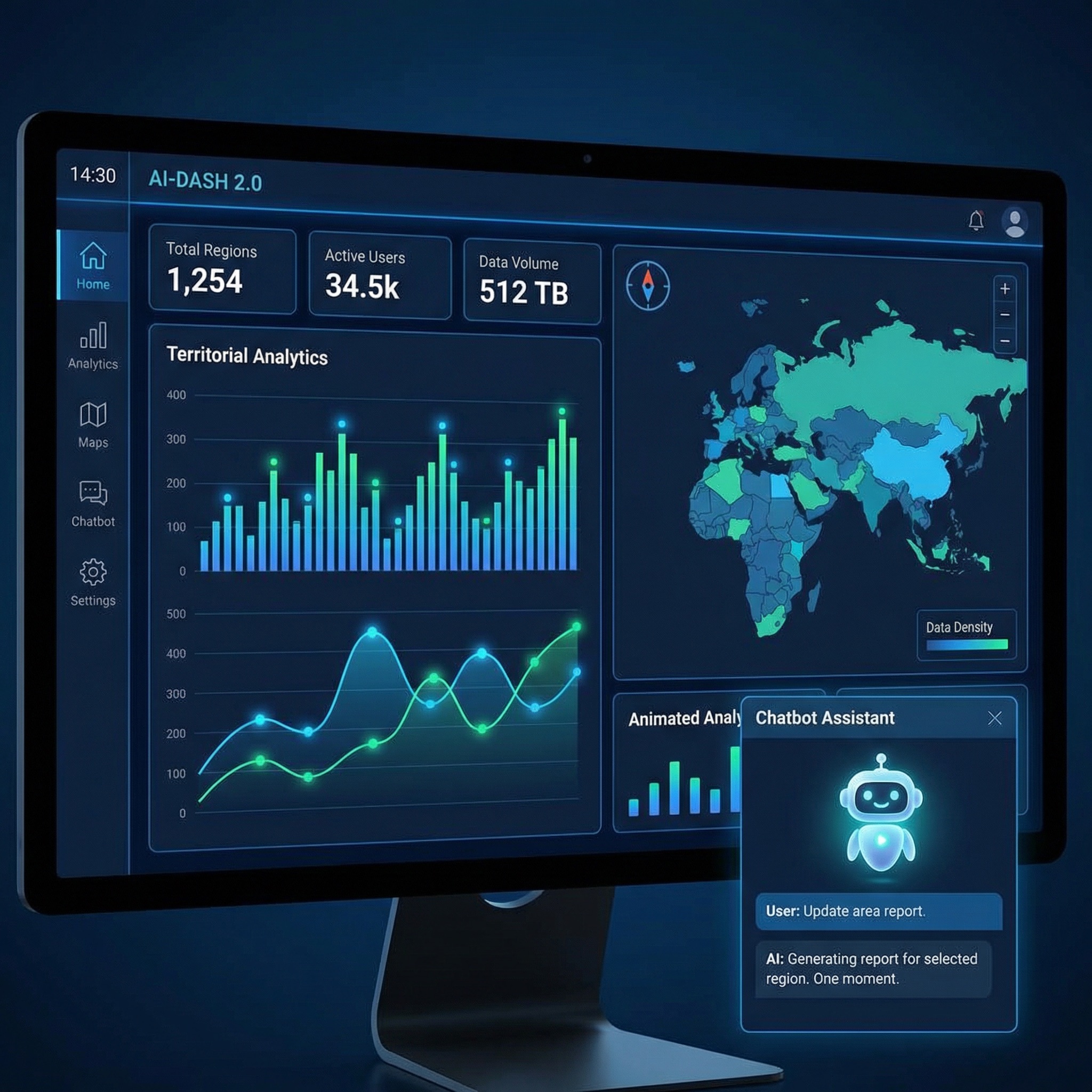 Piattaforma AI di ESG Solutions - Dashboard interattiva con visualizzazioni di dati territoriali, grafici analytics e interfaccia conversazionale AI
